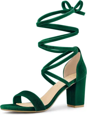 Allegra K Women's Faux Velvet Lace Up Chunky Heel Strappy Sandals