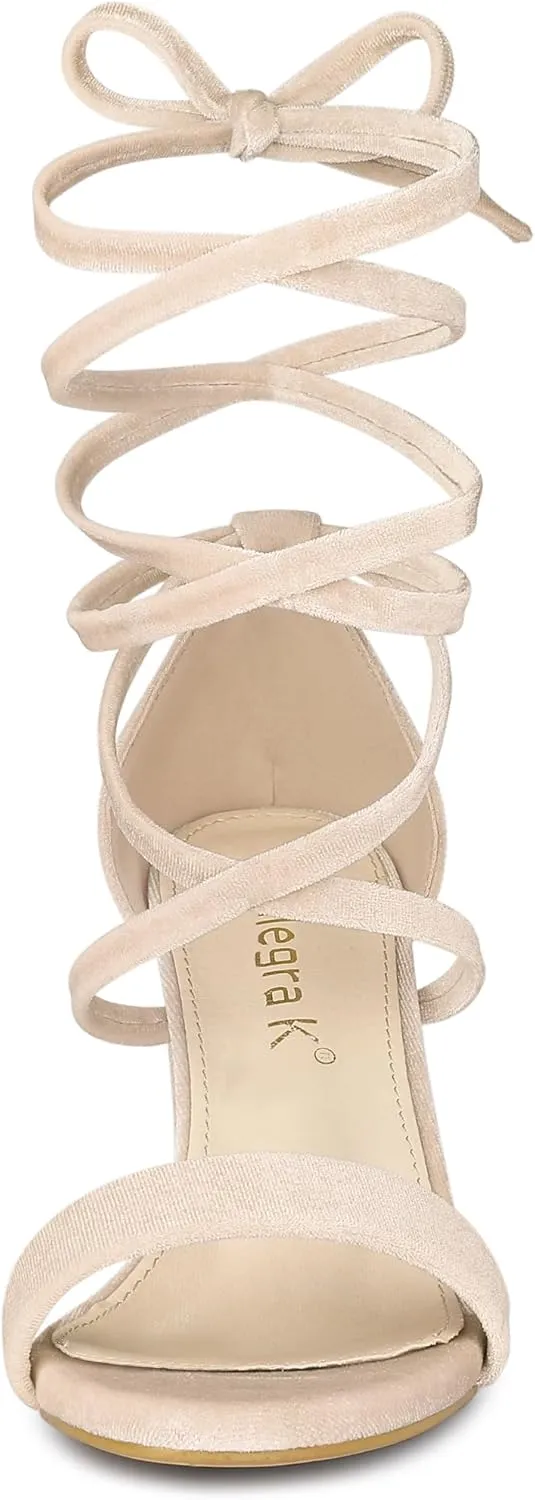 Allegra K Women's Faux Velvet Lace Up Chunky Heel Strappy Sandals