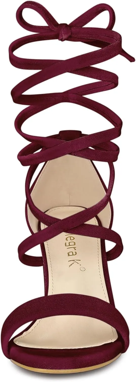 Allegra K Women's Faux Velvet Lace Up Chunky Heel Strappy Sandals