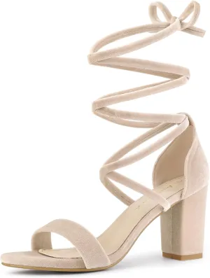 Allegra K Women's Faux Velvet Lace Up Chunky Heel Strappy Sandals