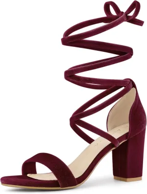 Allegra K Women's Faux Velvet Lace Up Chunky Heel Strappy Sandals