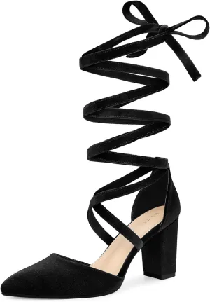 Allegra K Women's Velvet Lace Up Chunky Heels Pointed Toe Pumps