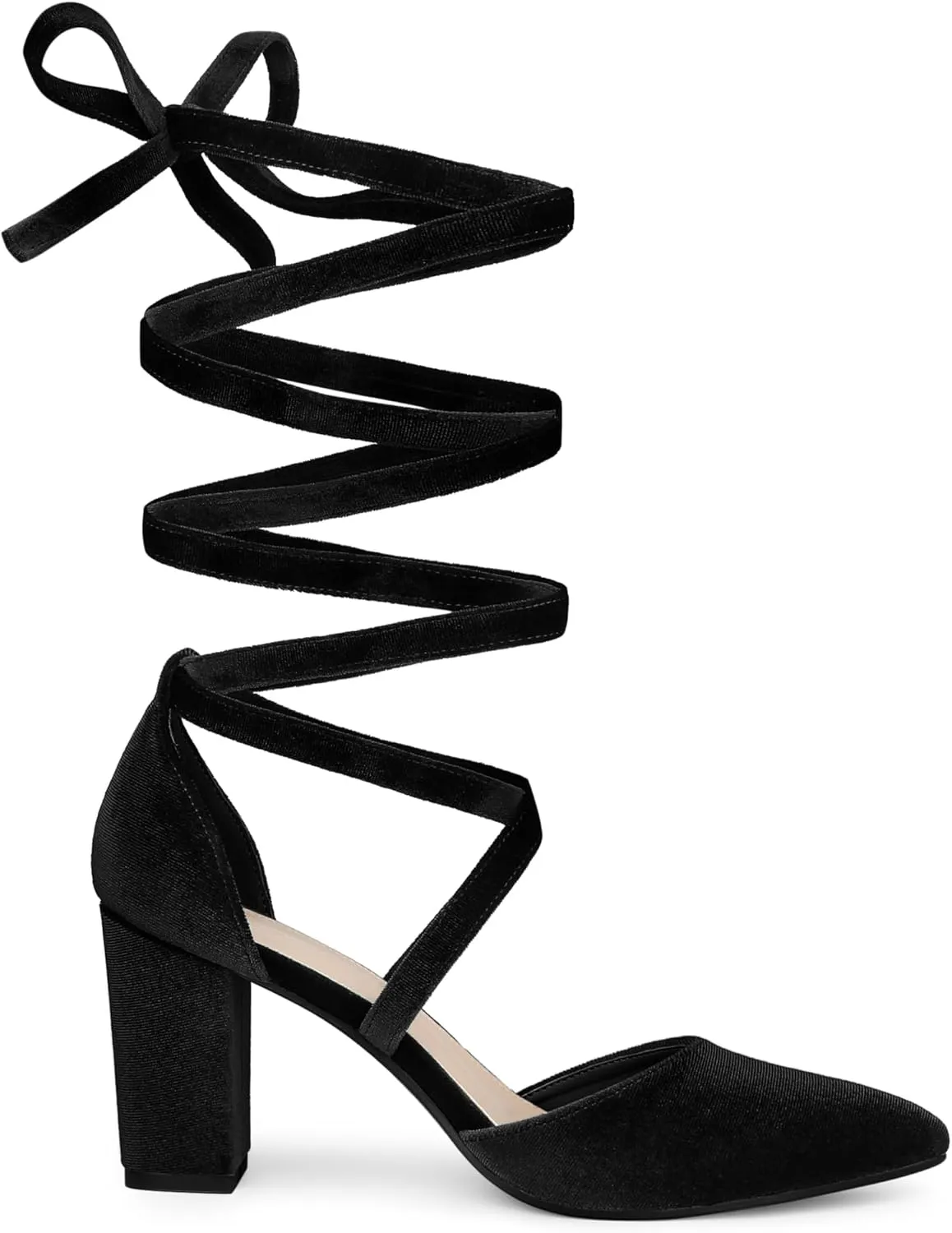 Allegra K Women's Velvet Lace Up Chunky Heels Pointed Toe Pumps