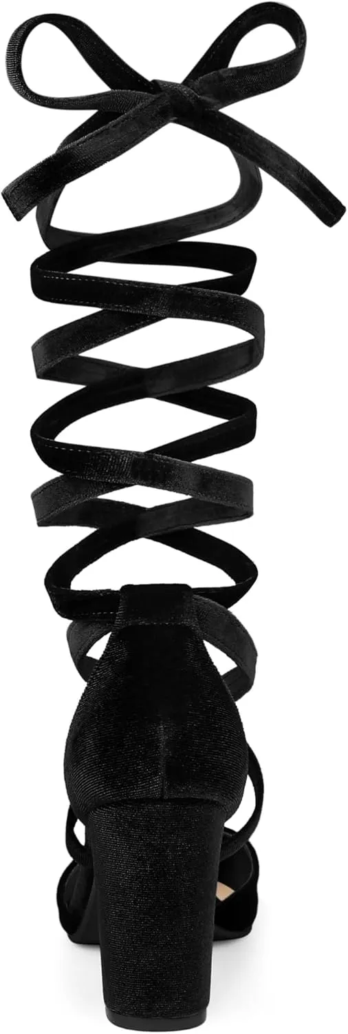 Allegra K Women's Velvet Lace Up Chunky Heels Pointed Toe Pumps