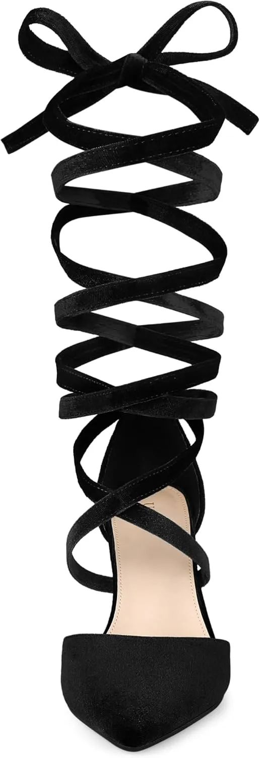 Allegra K Women's Velvet Lace Up Chunky Heels Pointed Toe Pumps