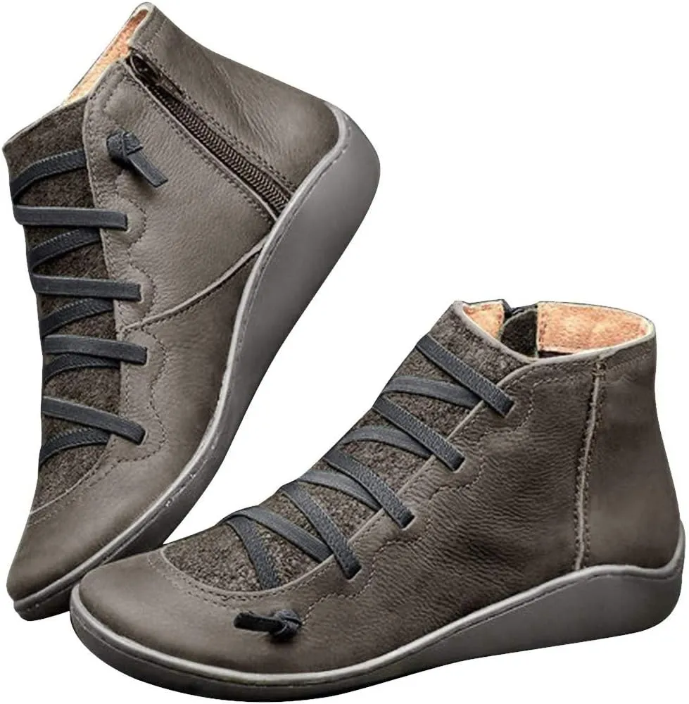 Ankle Booties for Women Flat Heel,Womens Ankle Boots Fashion Lace Up Side Zip Vintage Booties Low Heel Arch Support