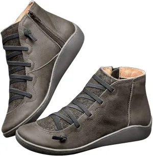 Ankle Booties for Women Flat Heel,Womens Ankle Boots Fashion Lace Up Side Zip Vintage Booties Low Heel Arch Support