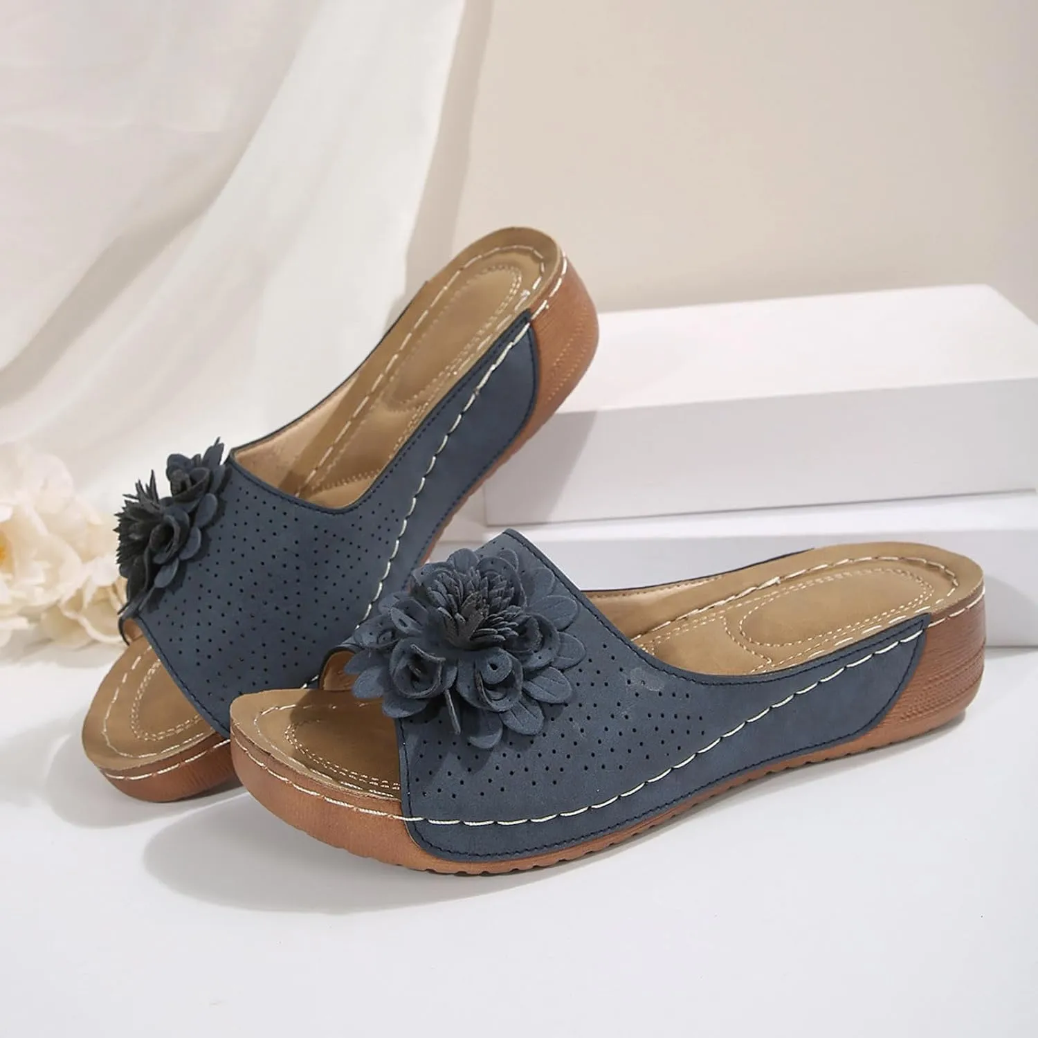 Beach Sandals for Women Wedge Shoes Slip On Dressy Summer Comfortable Slides Sandal with 3D Floral Lightweight Walking Vacation Hiking
