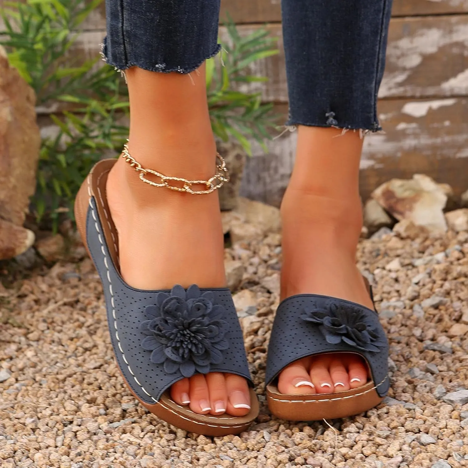 Beach Sandals for Women Wedge Shoes Slip On Dressy Summer Comfortable Slides Sandal with 3D Floral Lightweight Walking Vacation Hiking