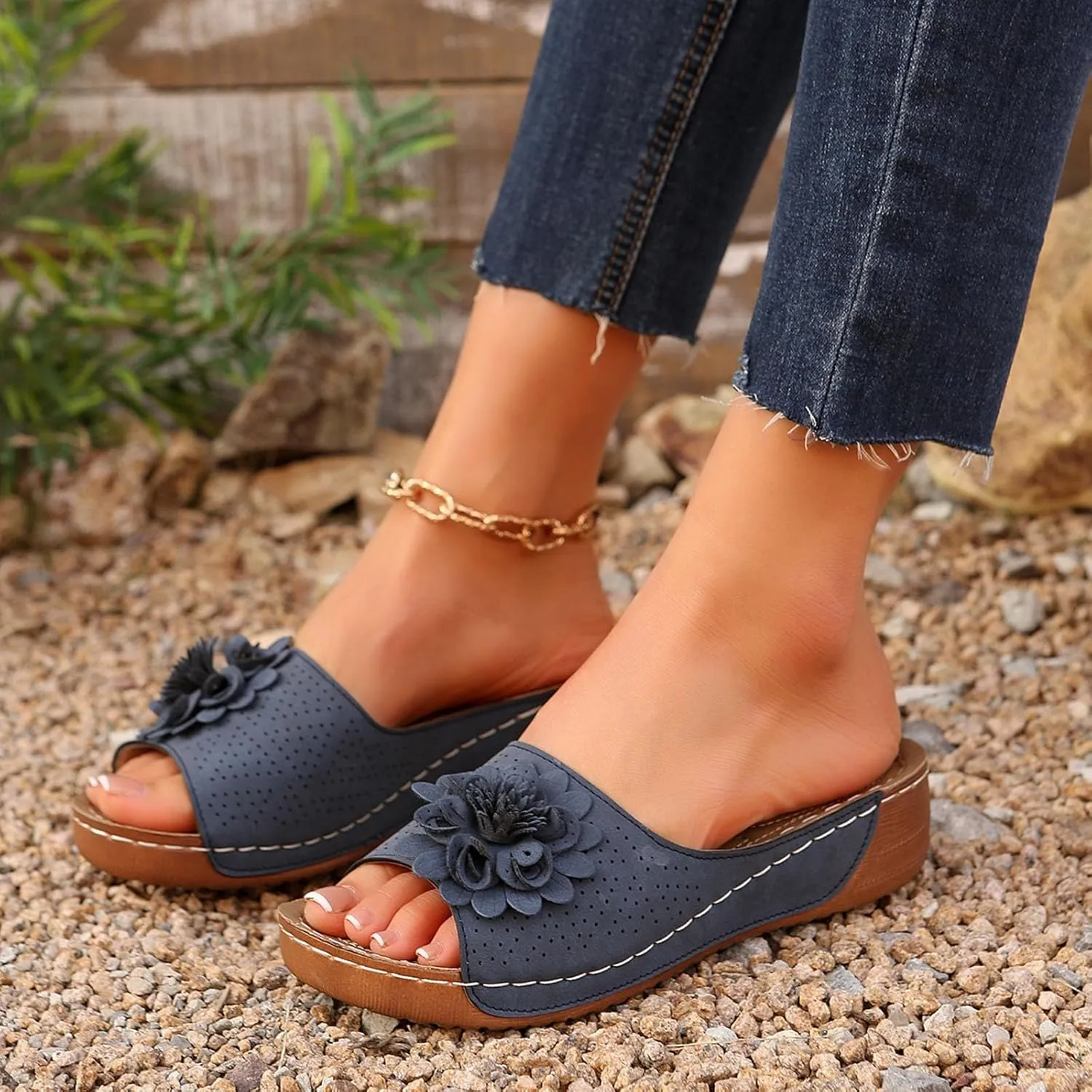 Beach Sandals for Women Wedge Shoes Slip On Dressy Summer Comfortable Slides Sandal with 3D Floral Lightweight Walking Vacation Hiking