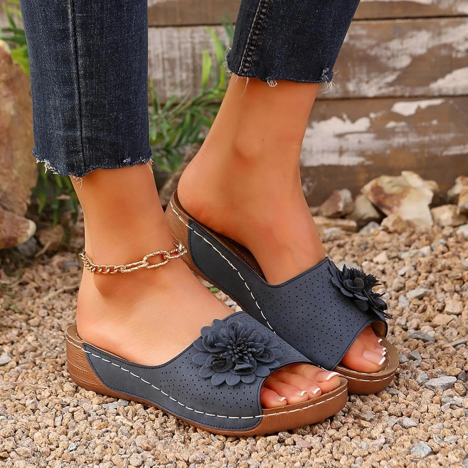 Beach Sandals for Women Wedge Shoes Slip On Dressy Summer Comfortable Slides Sandal with 3D Floral Lightweight Walking Vacation Hiking