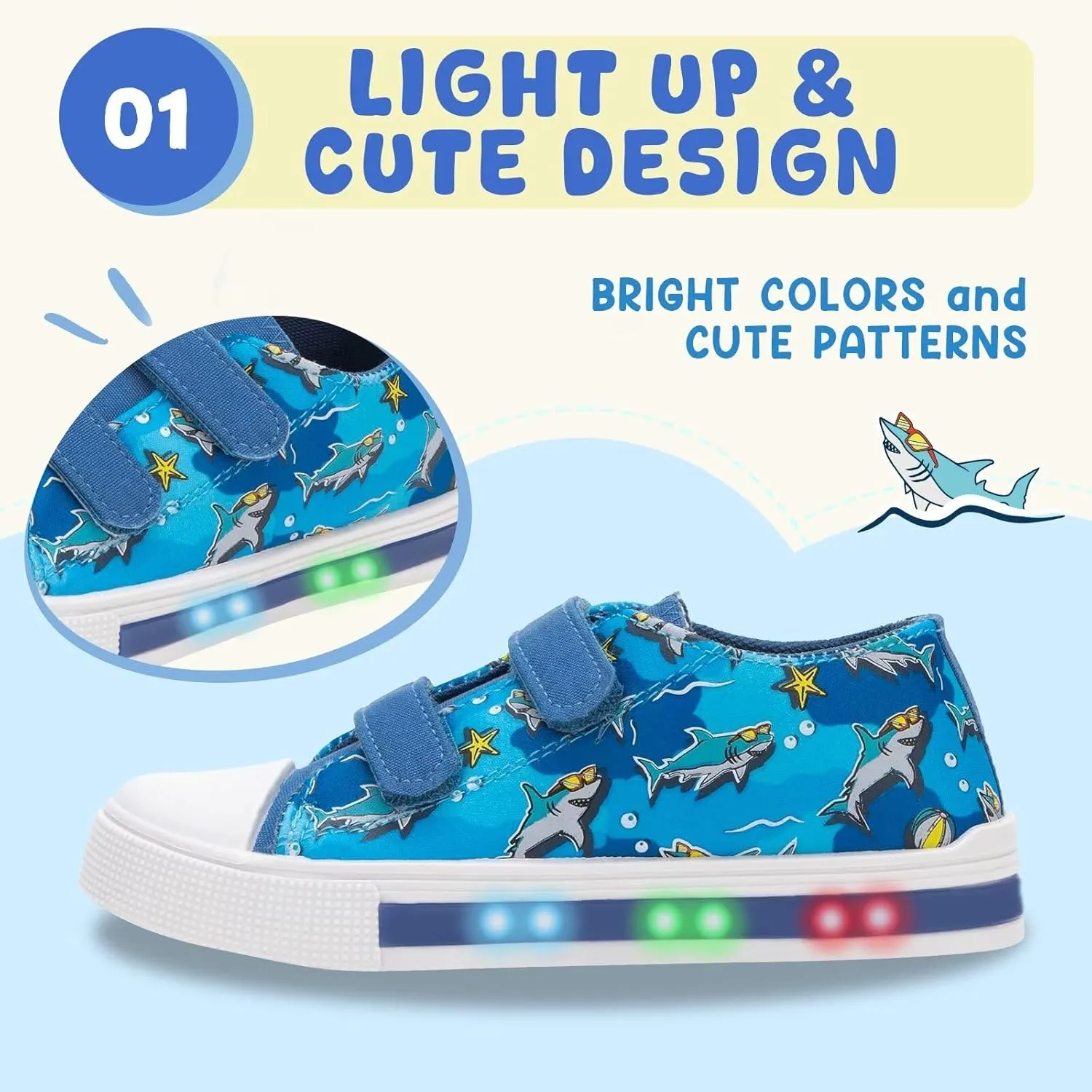 Boys Girls Sneakers Light Up Canvas Shoes for Toddler Kids Easy Fasten Fashion Shoes with Hook and Loops