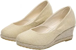 Canvas Espadrille Wedges Closed Toe Wedges for Women Wide Width Kamilla Wedge Espadrilles Sandal Pumps Low Chunky Rounded Toe Heels Elegant Wedges Working Shoes