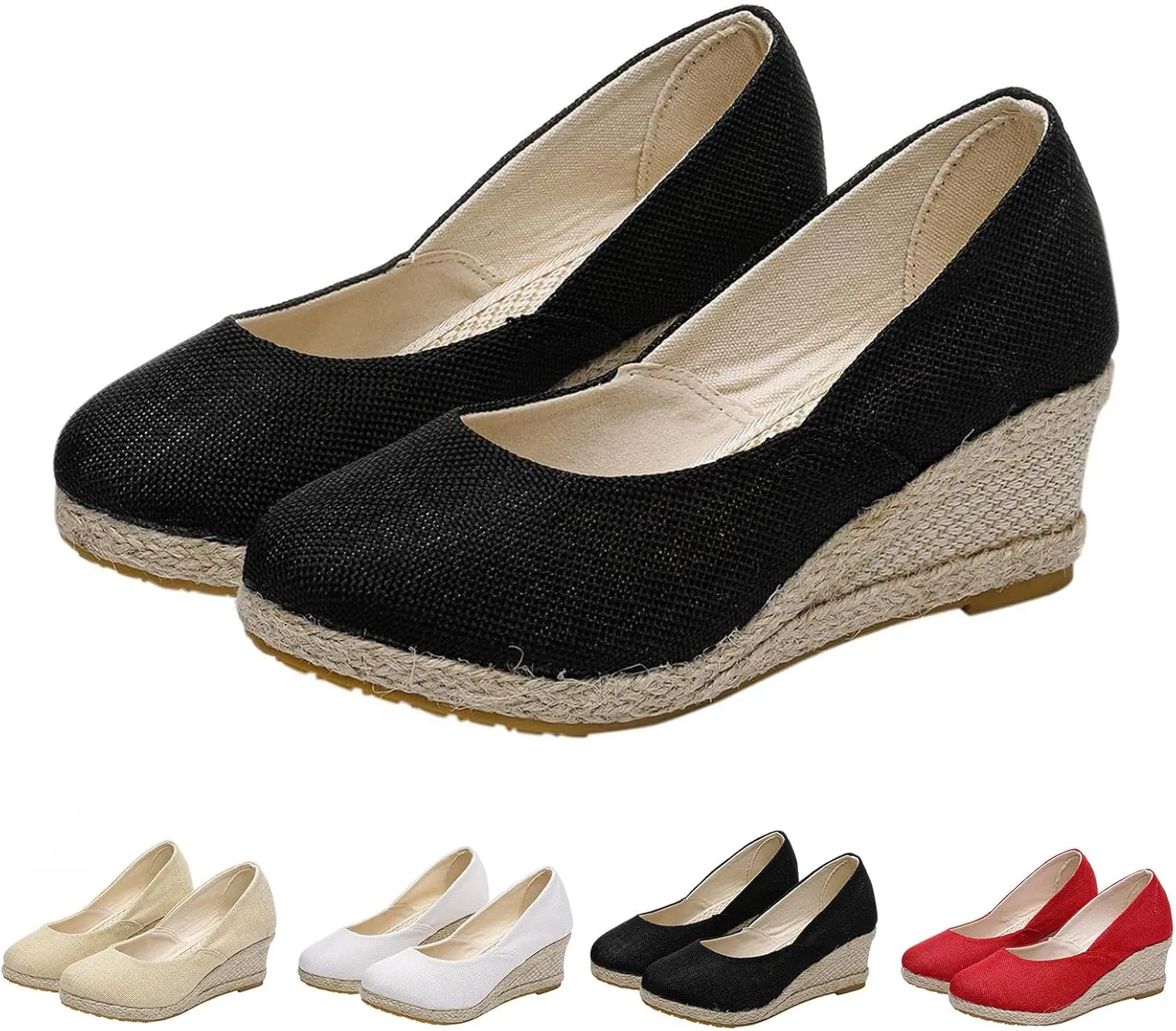Canvas Espadrille Wedges Closed Toe Wedges for Women Wide Width Kamilla Wedge Espadrilles Sandal Pumps Low Chunky Rounded Toe Heels Elegant Wedges Working Shoes