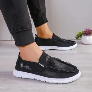 Casual Low-top Loafers, Washed Denim with Chrysanthemum Embroidery, Soft and Durable Fashion Canvas Shoes