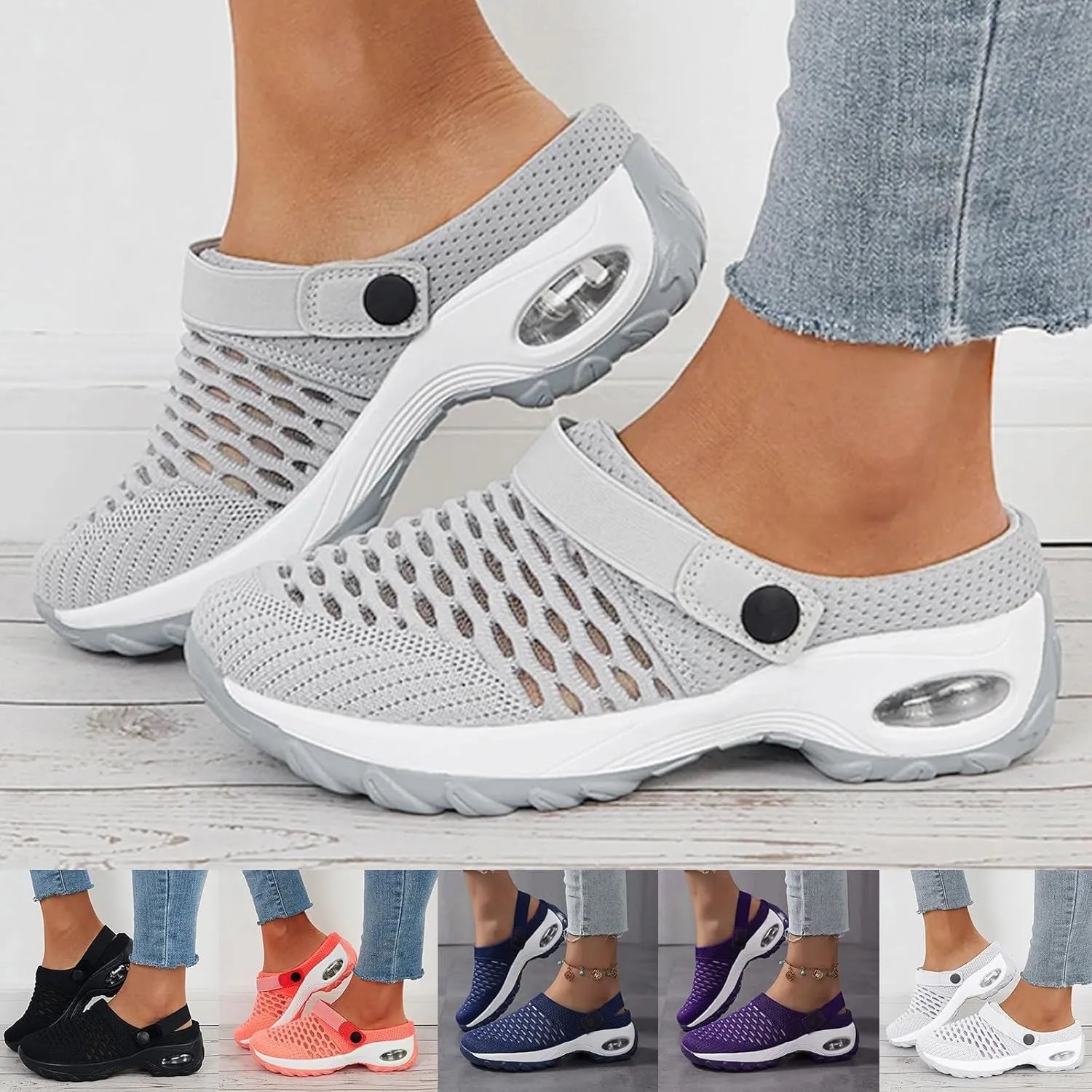 Cathalem Flat Sandals for Women, Mules Clogs for Women Air Cushion Platform Mesh Mules Sneaker Sandals for Female