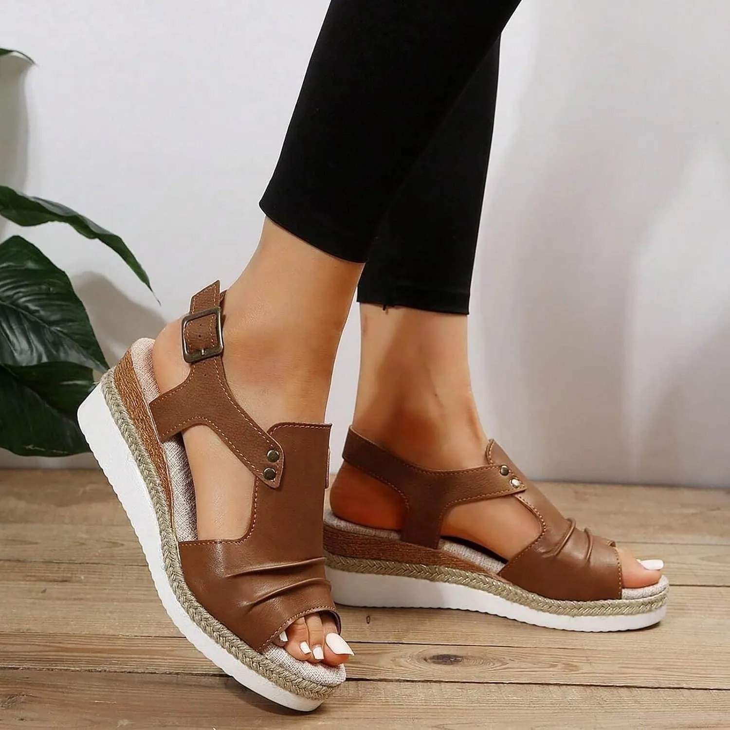 Cathalem Sandals Women Orthopedic Flat Open Toe Ankle Strap Espadrilles Sandals Casual Strappy Slip on Sandals Boho Sandals