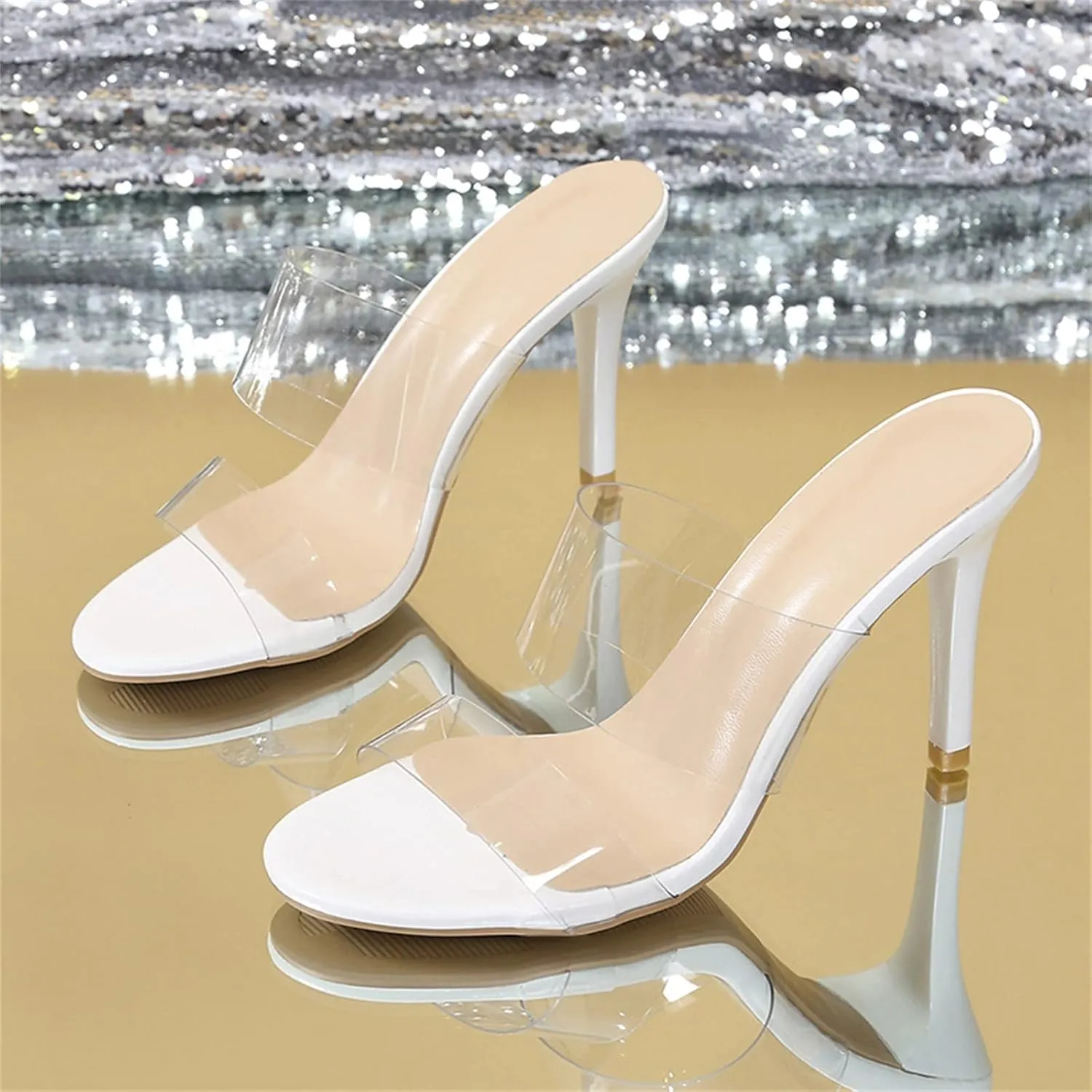 Clear Heels for Women Platform Heeled Stiletto Sandals Round Open Toe Slip on Heels Sexy Party High Heels Slippers