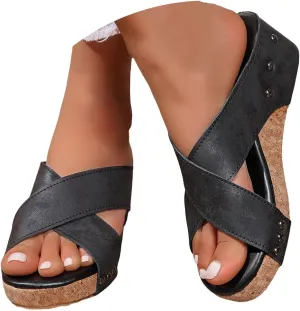 Cork Wedges & Platform Slides,Summer Sandals For Women 2025,Women's Cork Thick Sole Comfy Leather Wedge Slip-On Summer Sandals Shoes Comfort Wedge Heel Womens Bohe Beach Shoes for Daily Wear