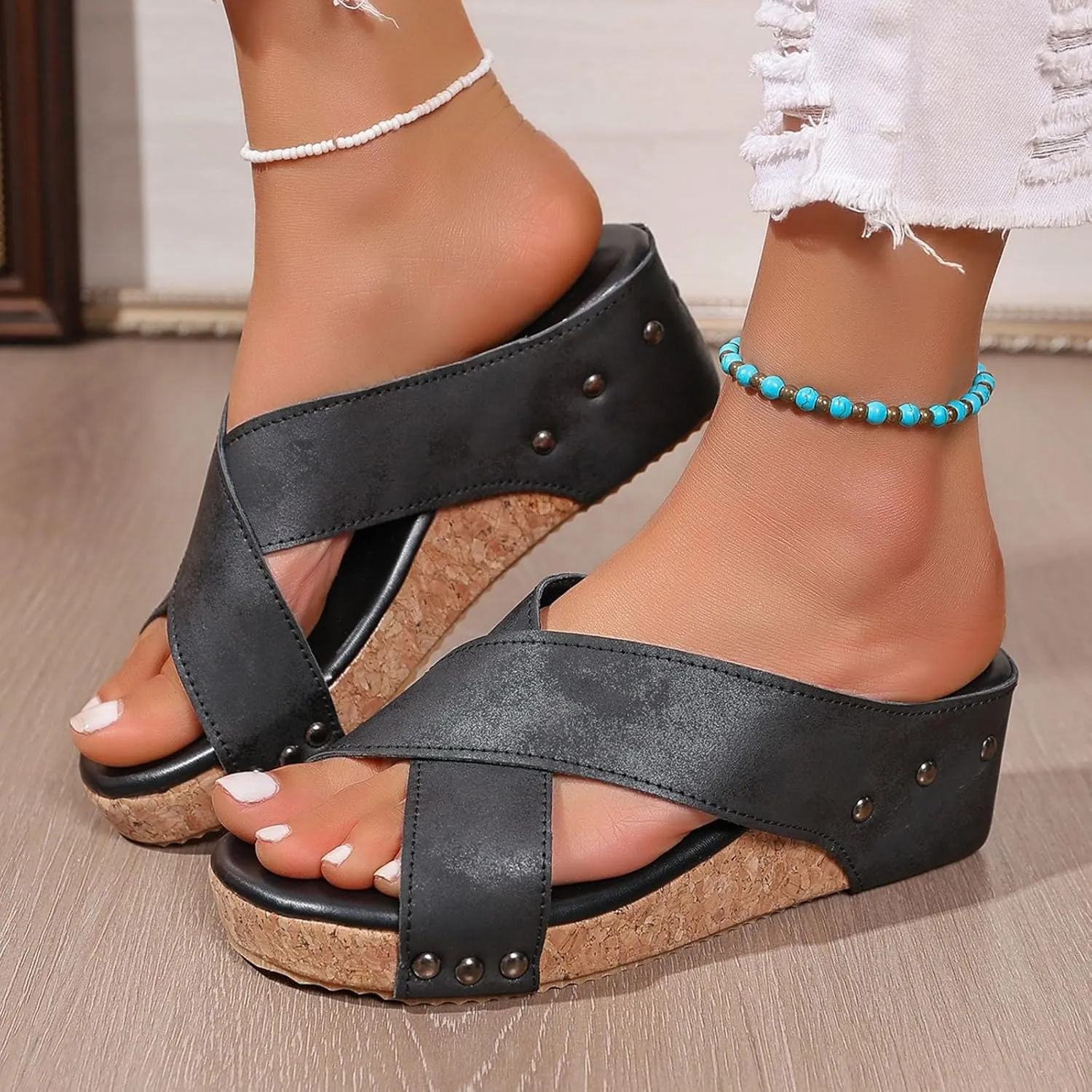 Cork Wedges & Platform Slides,Summer Sandals For Women 2025,Women's Cork Thick Sole Comfy Leather Wedge Slip-On Summer Sandals Shoes Comfort Wedge Heel Womens Bohe Beach Shoes for Daily Wear