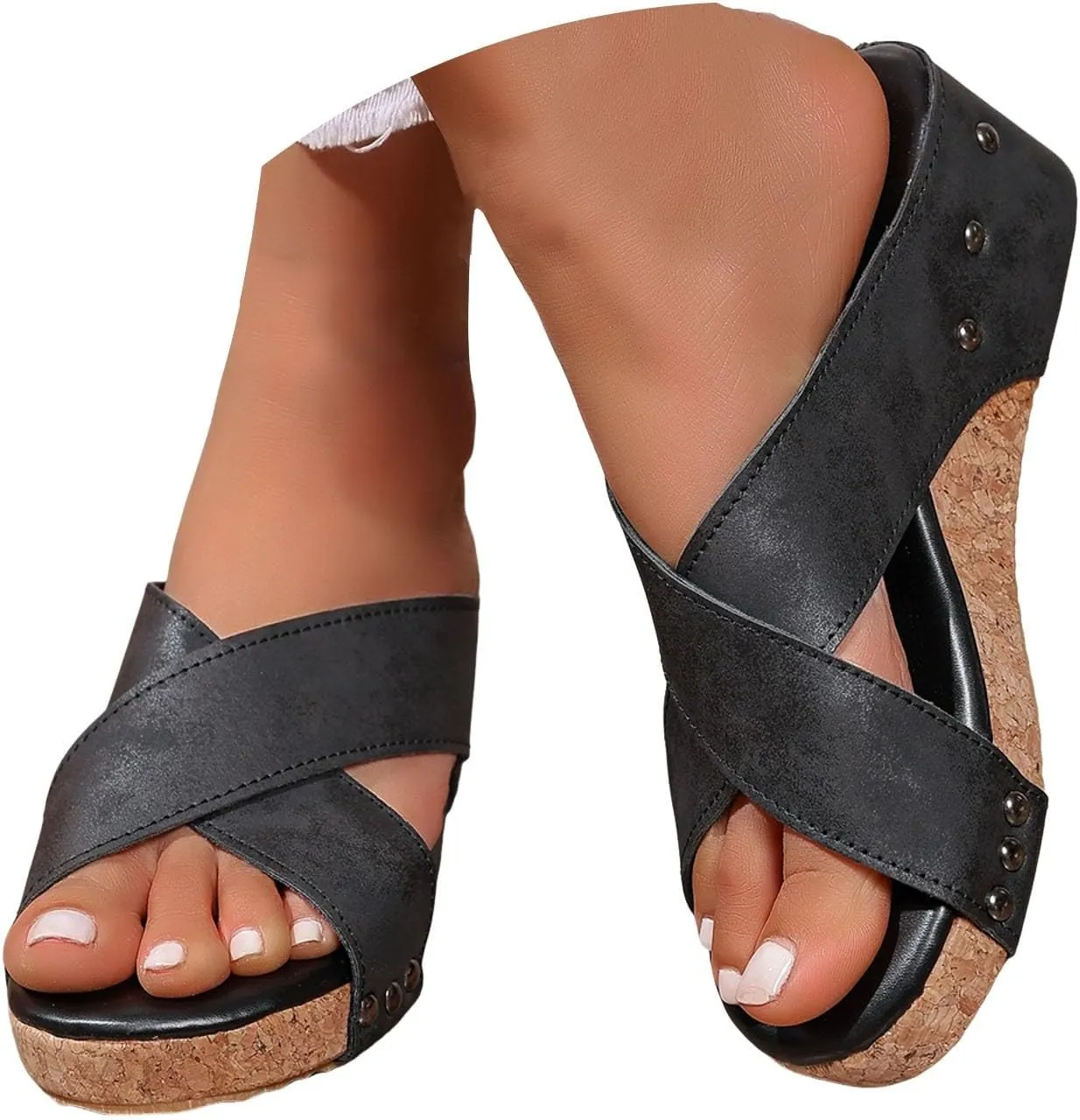 Cork Wedges & Platform Slides,Summer Sandals For Women 2025,Women's Cork Thick Sole Comfy Leather Wedge Slip-On Summer Sandals Shoes Comfort Wedge Heel Womens Bohe Beach Shoes for Daily Wear