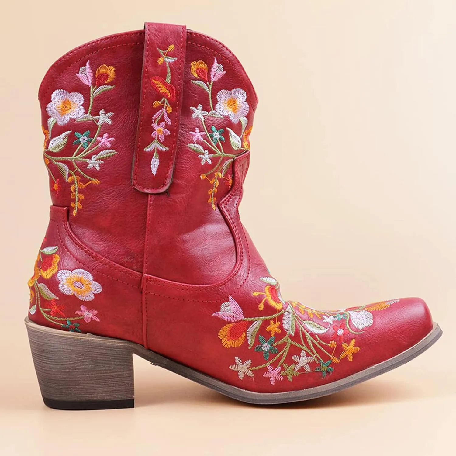 Cowboy Boots for Women Western Cowgirl Boots Fashion Stitched Flower Embroidered Chunky Heels Pointed Toe Pull on