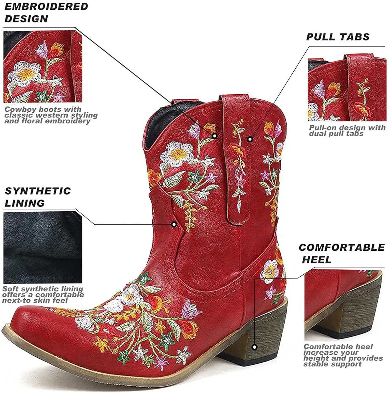 Cowboy Boots for Women Western Cowgirl Boots Fashion Stitched Flower Embroidered Chunky Heels Pointed Toe Pull on