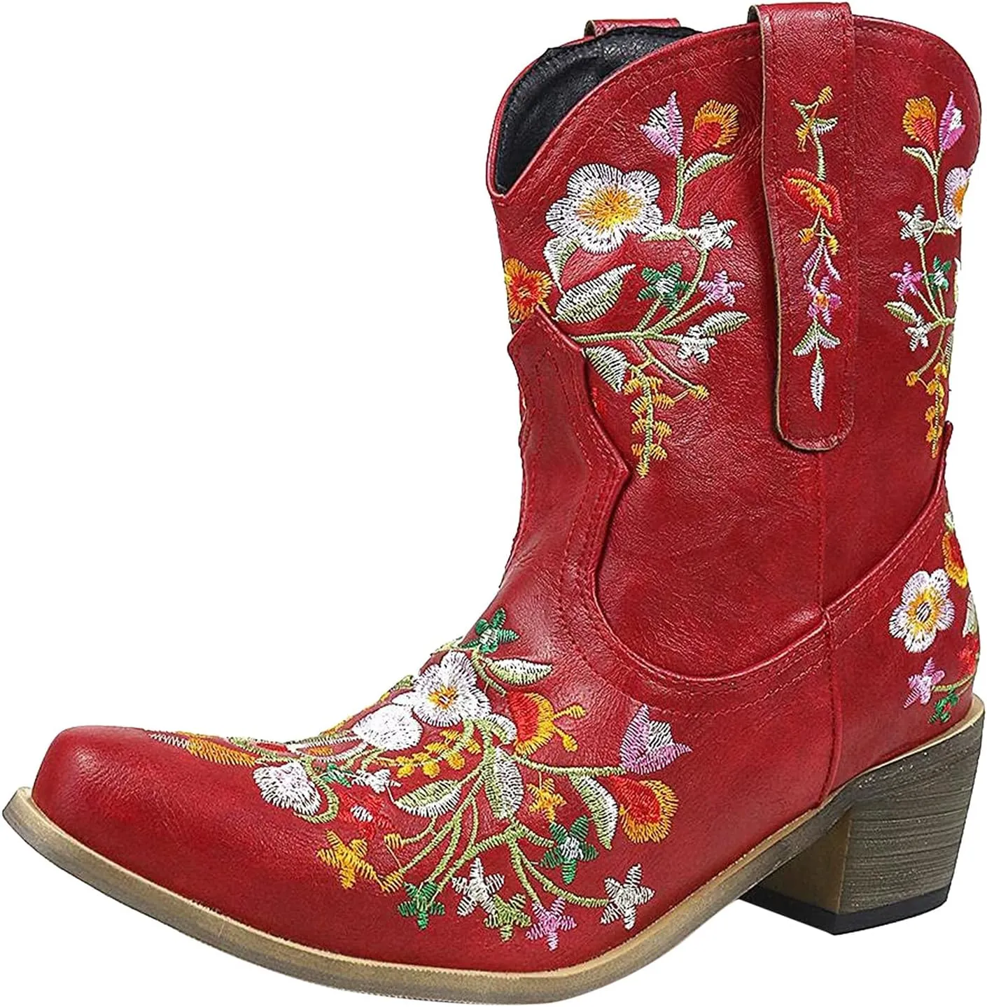 Cowboy Boots for Women Western Cowgirl Boots Fashion Stitched Flower Embroidered Chunky Heels Pointed Toe Pull on