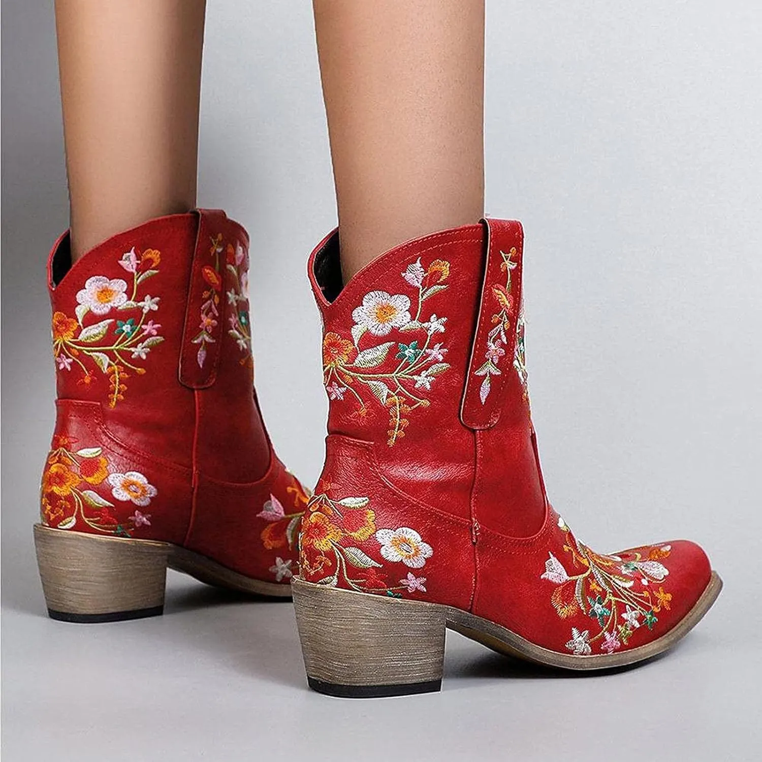 Cowboy Boots for Women Western Cowgirl Boots Fashion Stitched Flower Embroidered Chunky Heels Pointed Toe Pull on