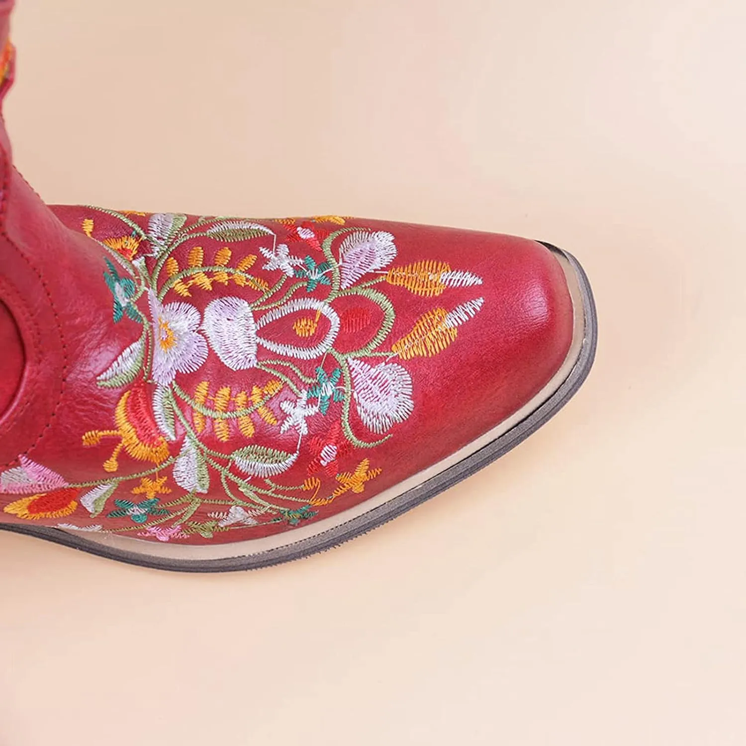 Cowboy Boots for Women Western Cowgirl Boots Fashion Stitched Flower Embroidered Chunky Heels Pointed Toe Pull on