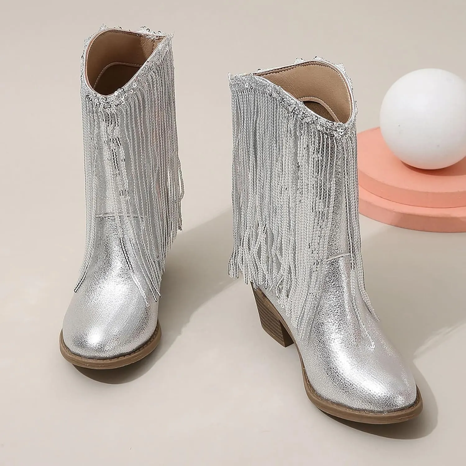 Cowgirl Boots for Girls Western Cowboy Boots Mid Calf Riding Shoes Glitter Fringe Mid Calf Boots with Block Low Heels