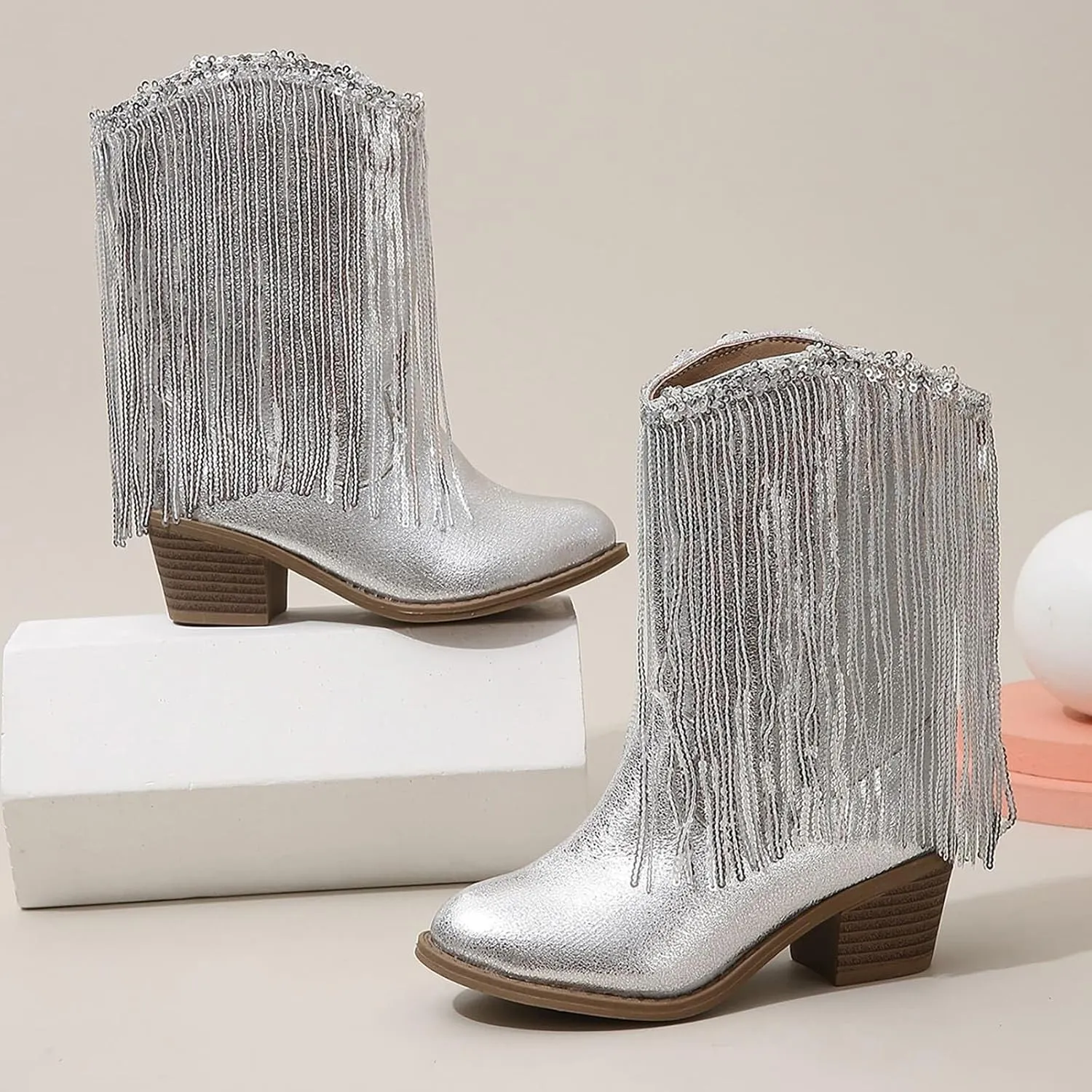 Cowgirl Boots for Girls Western Cowboy Boots Mid Calf Riding Shoes Glitter Fringe Mid Calf Boots with Block Low Heels