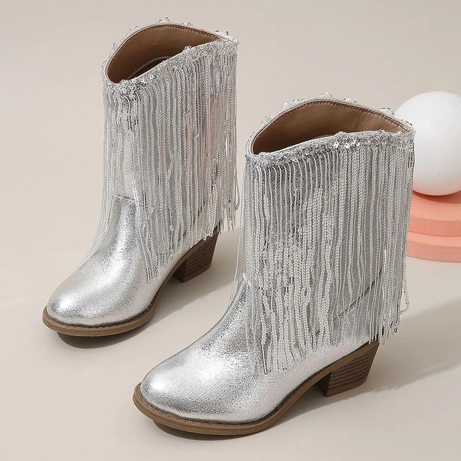 Cowgirl Boots for Girls Western Cowboy Boots Mid Calf Riding Shoes Glitter Fringe Mid Calf Boots with Block Low Heels