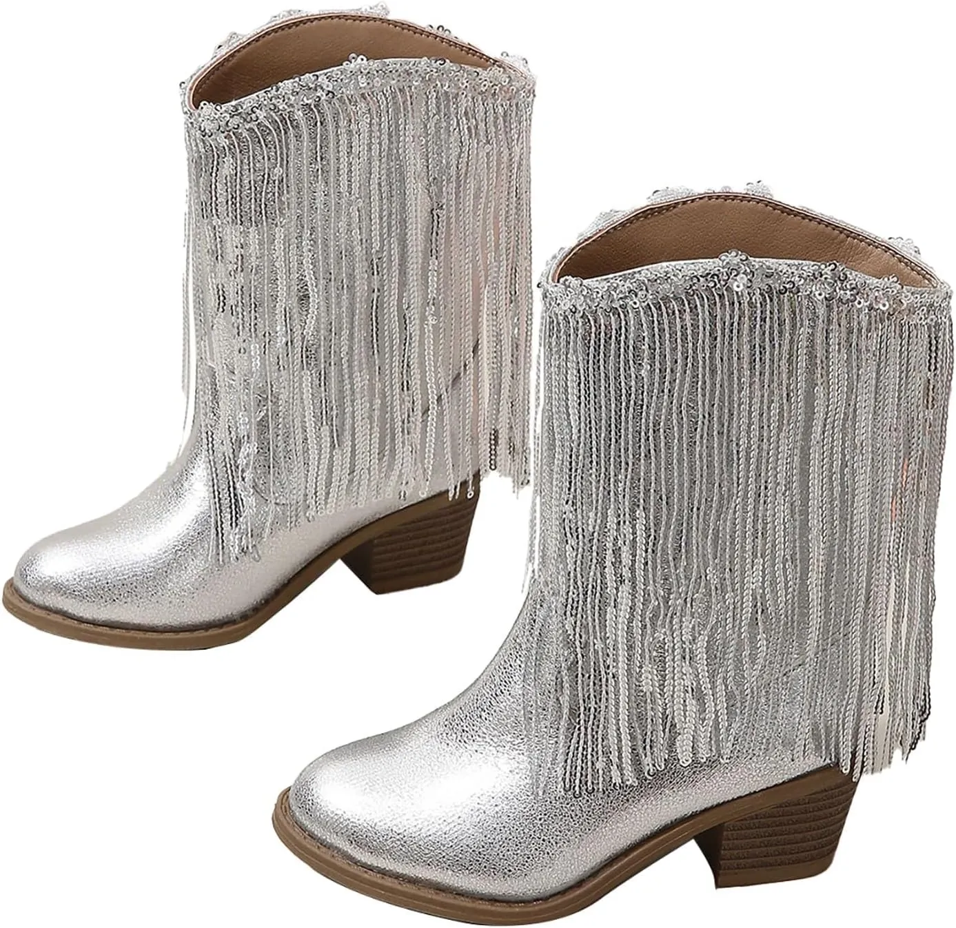 Cowgirl Boots for Girls Western Cowboy Boots Mid Calf Riding Shoes Glitter Fringe Mid Calf Boots with Block Low Heels
