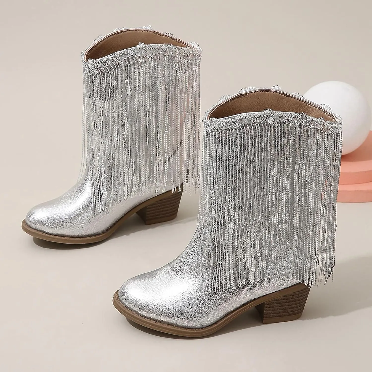Cowgirl Boots for Girls Western Cowboy Boots Mid Calf Riding Shoes Glitter Fringe Mid Calf Boots with Block Low Heels