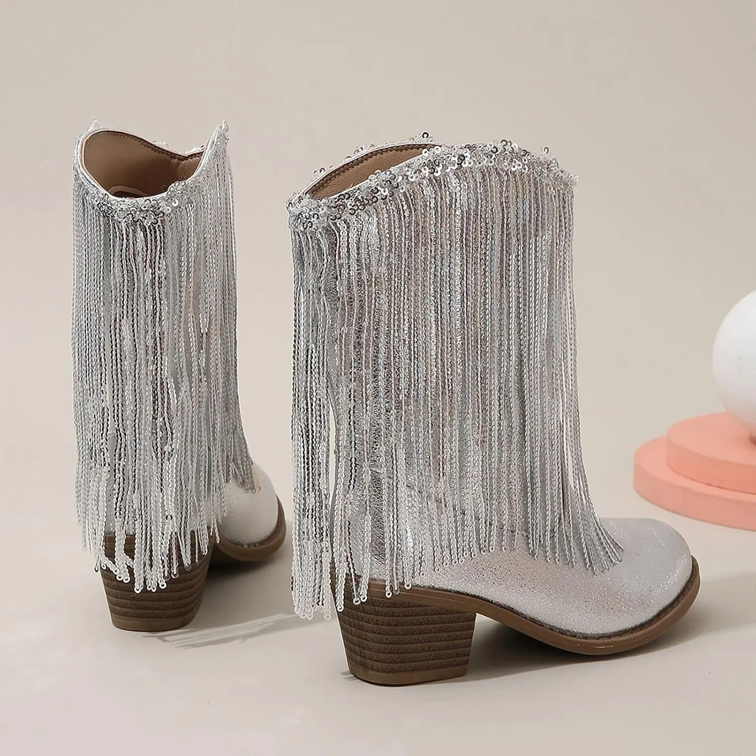 Cowgirl Boots for Girls Western Cowboy Boots Mid Calf Riding Shoes Glitter Fringe Mid Calf Boots with Block Low Heels