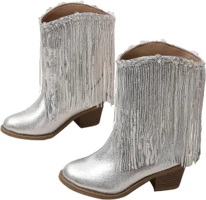 Cowgirl Boots for Girls Western Cowboy Boots Mid Calf Riding Shoes Glitter Fringe Mid Calf Boots with Block Low Heels