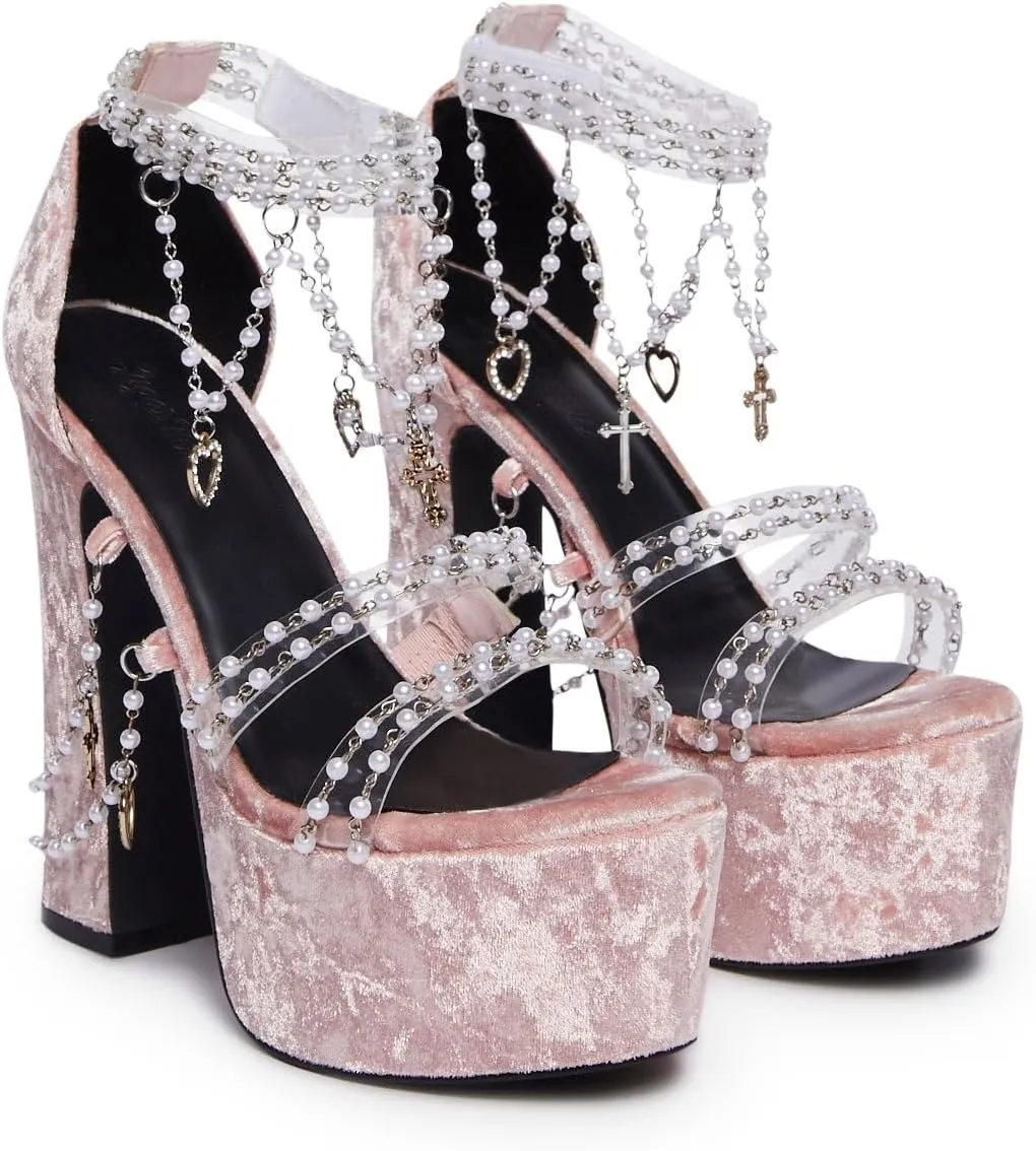 Dolls Kill Holy Revelation Platform Heels by Sugar Thrillz, Velvet Heels with Pearl Beads & Adjustable Straps