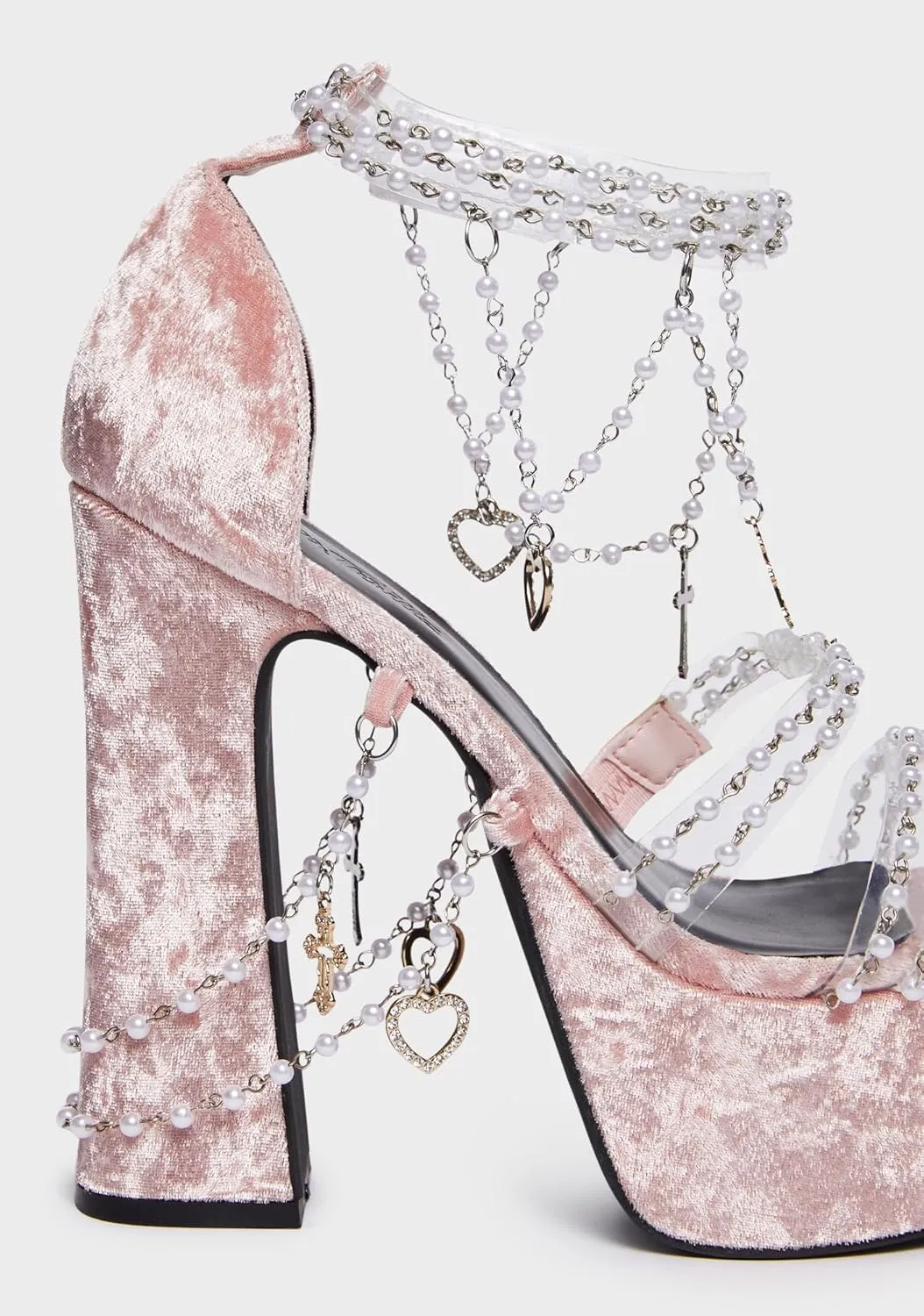 Dolls Kill Holy Revelation Platform Heels by Sugar Thrillz, Velvet Heels with Pearl Beads & Adjustable Straps