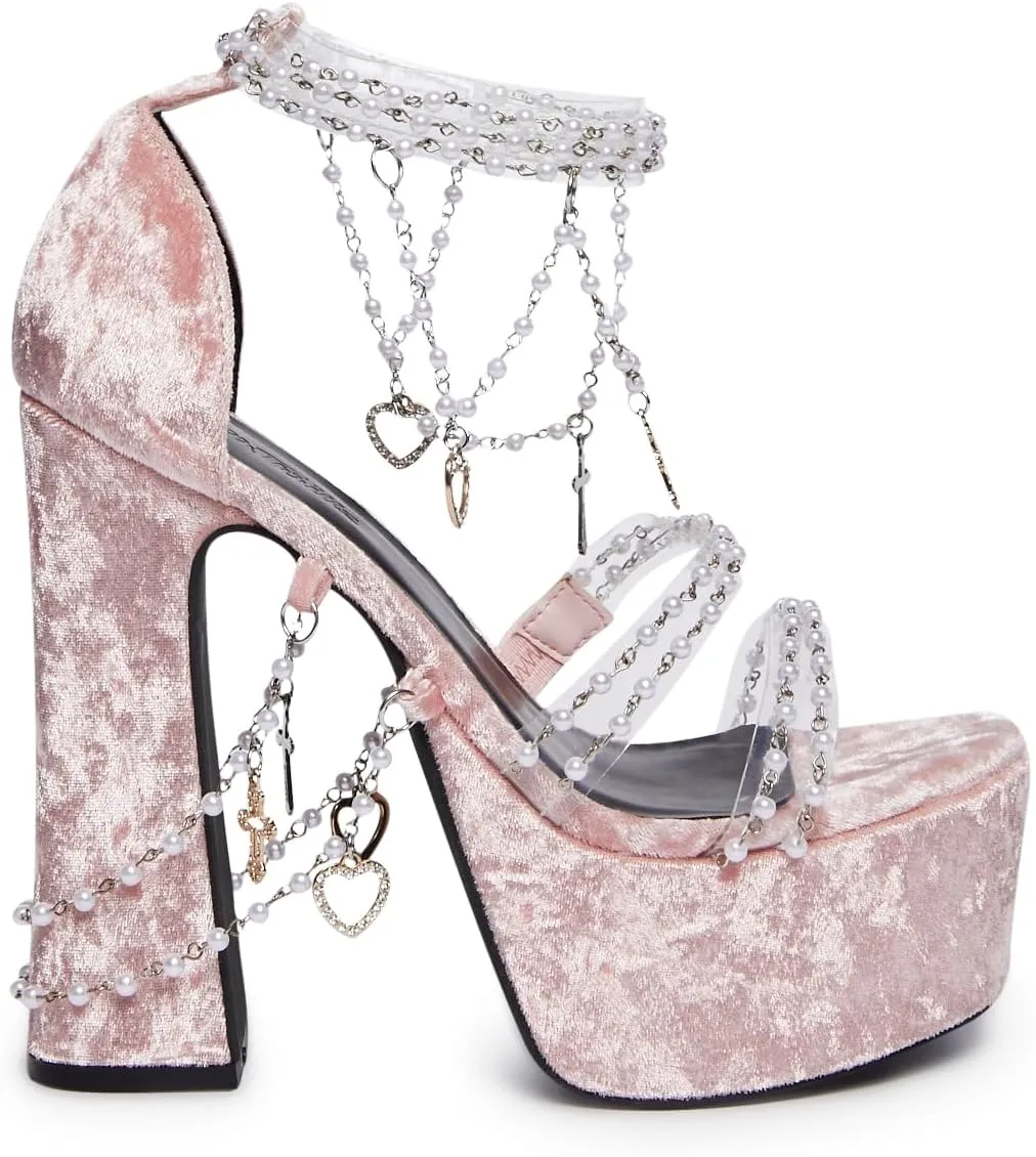 Dolls Kill Holy Revelation Platform Heels by Sugar Thrillz, Velvet Heels with Pearl Beads & Adjustable Straps