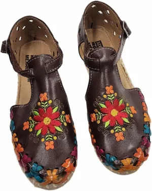 Dona Michi Ladies Closed Toe Genuine Authentic Mexican Leather/Flower Embroidery Sandals