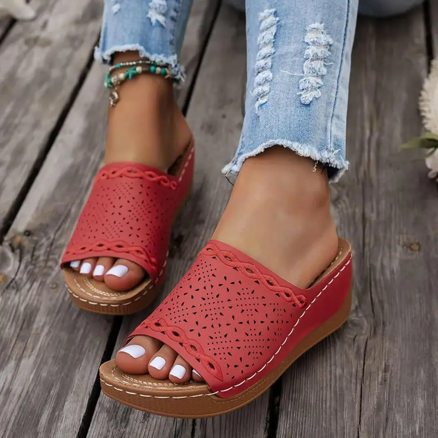 Eduavar Sandals for Women 2025 Casual Comfortable Arch Support Sandals Summer Orthotic Leather Platform Slip on Slippers