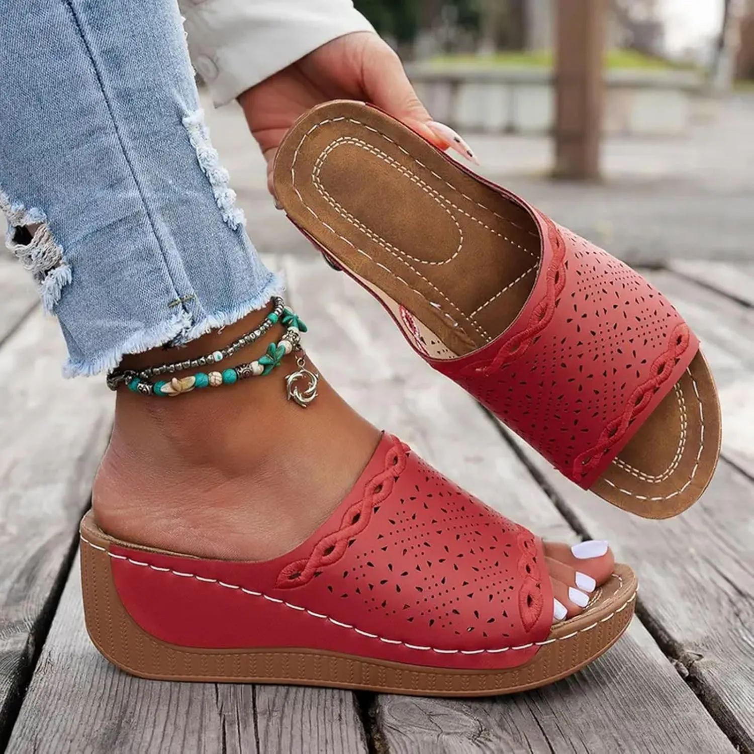 Eduavar Sandals for Women 2025 Casual Comfortable Arch Support Sandals Summer Orthotic Leather Platform Slip on Slippers