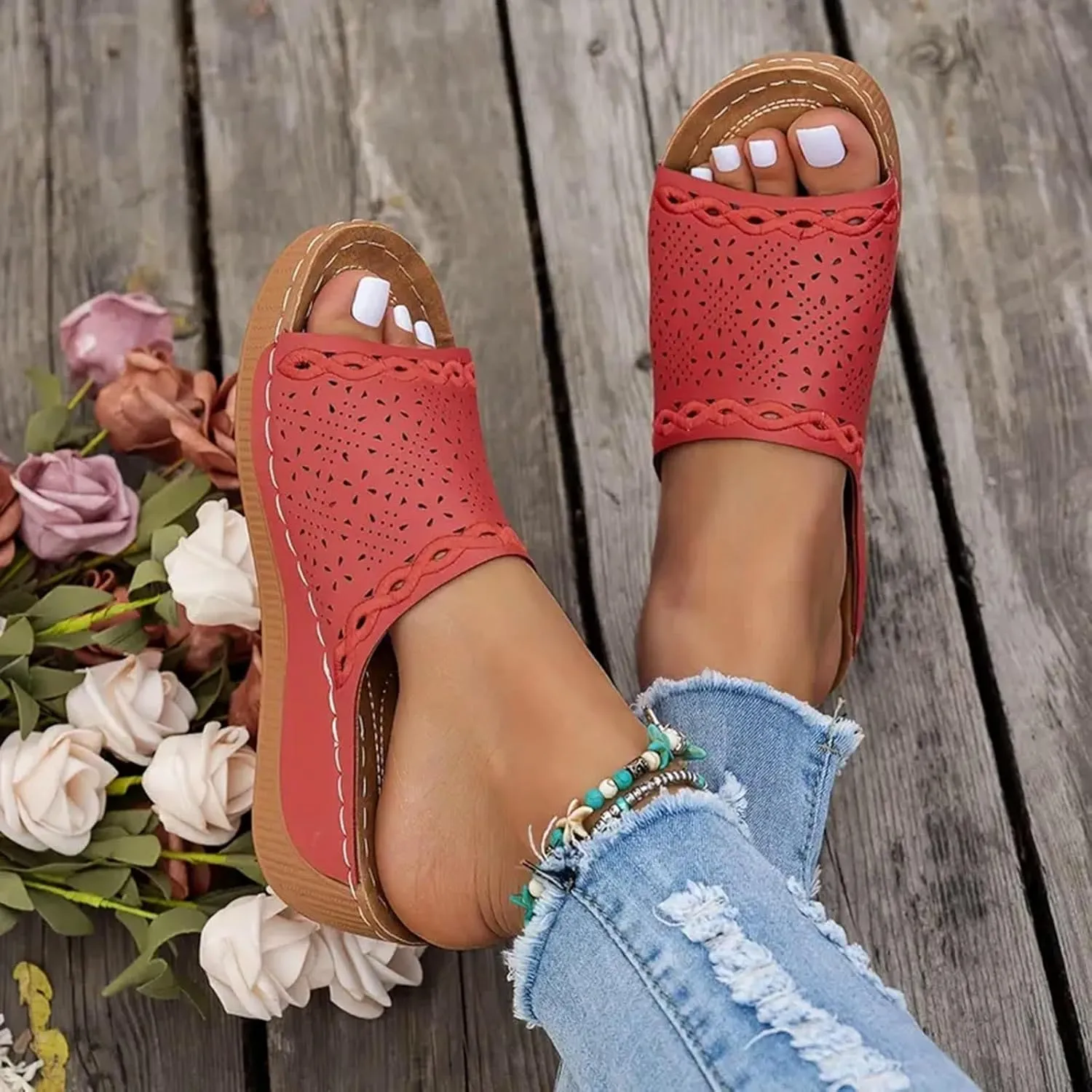 Eduavar Sandals for Women 2025 Casual Comfortable Arch Support Sandals Summer Orthotic Leather Platform Slip on Slippers