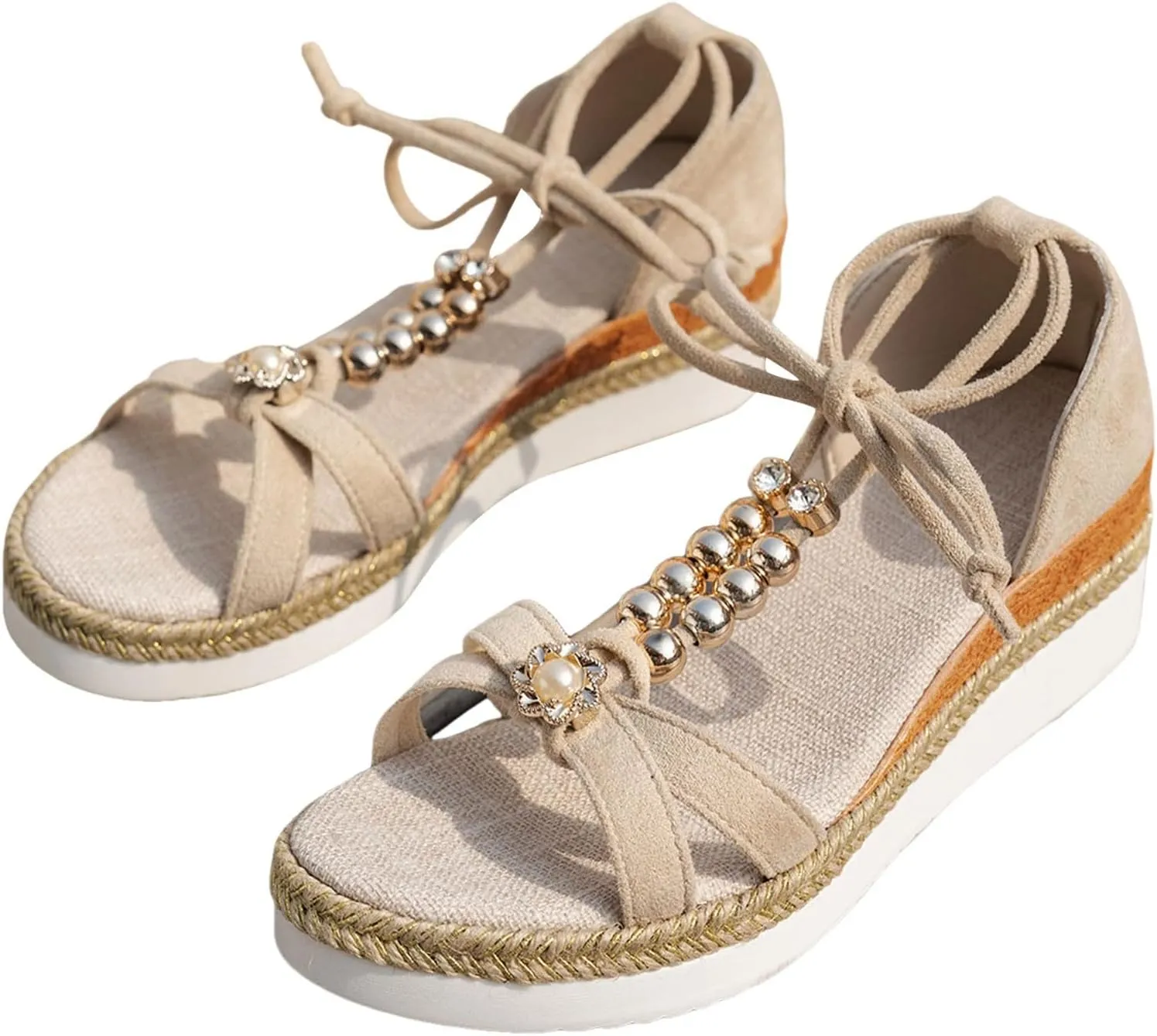 Eduavar Sandals for Women 2025 Espadrilles Ankle Strap PlatformOpen Toe Tie Lace Up Wedges Sandals Summer Dress Strappy Shoes