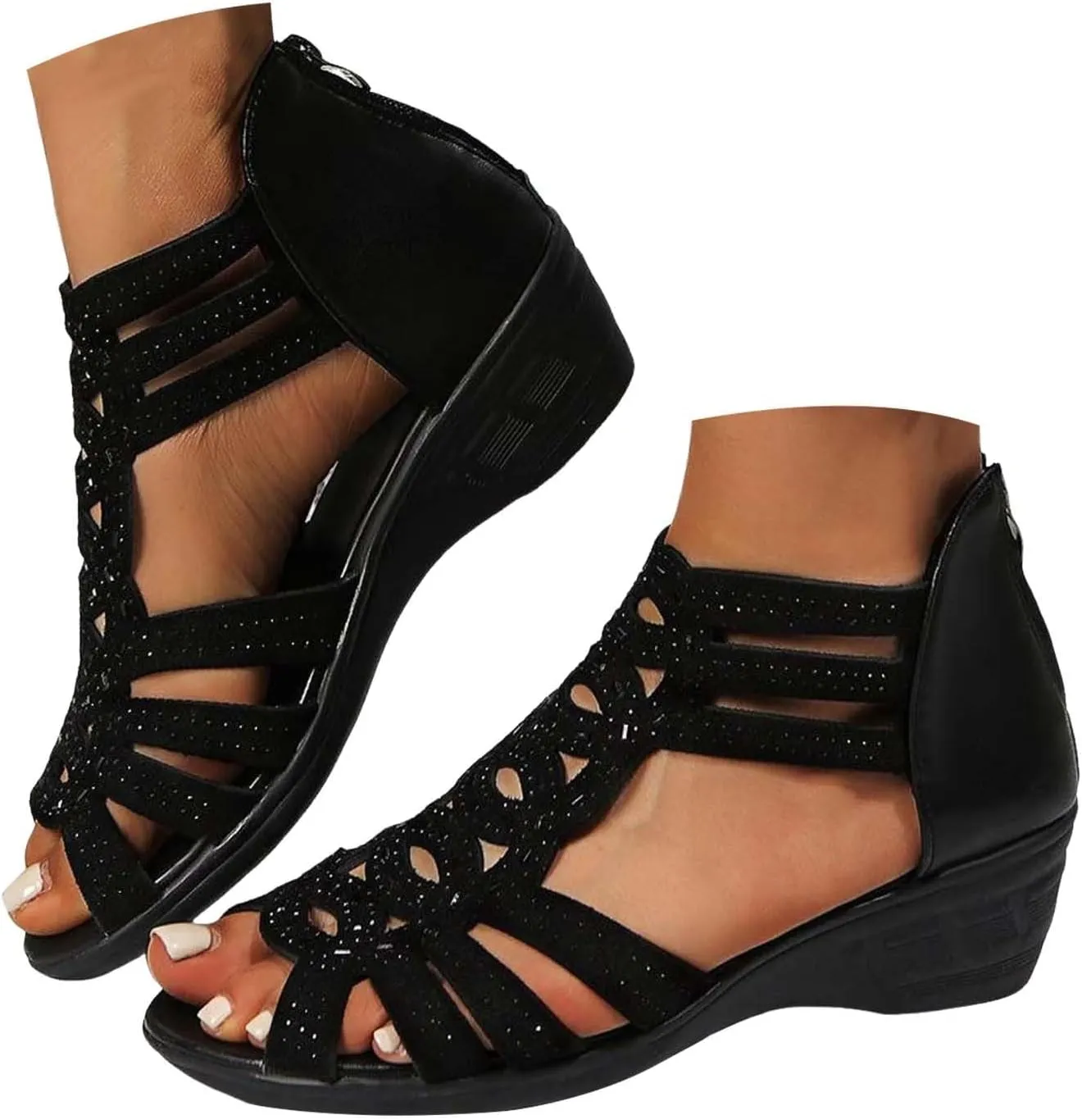 Eduavar Sandals for Women Dressy, Orthopedic Sandals for Women Low Wedge Sandals Cutout Zip Up Crystal Sandals Shoes