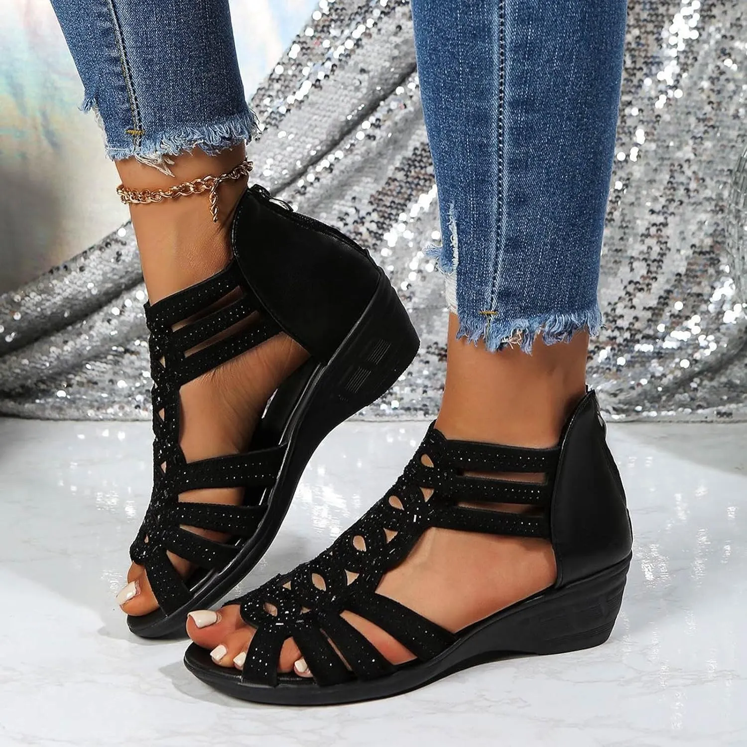 Eduavar Sandals for Women Dressy, Orthopedic Sandals for Women Low Wedge Sandals Cutout Zip Up Crystal Sandals Shoes