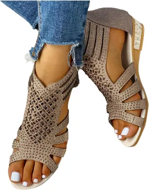 Eduavar Sandals for Women Dressy, Orthopedic Sandals for Women Low Wedge Sandals Cutout Zip Up Crystal Sandals Shoes