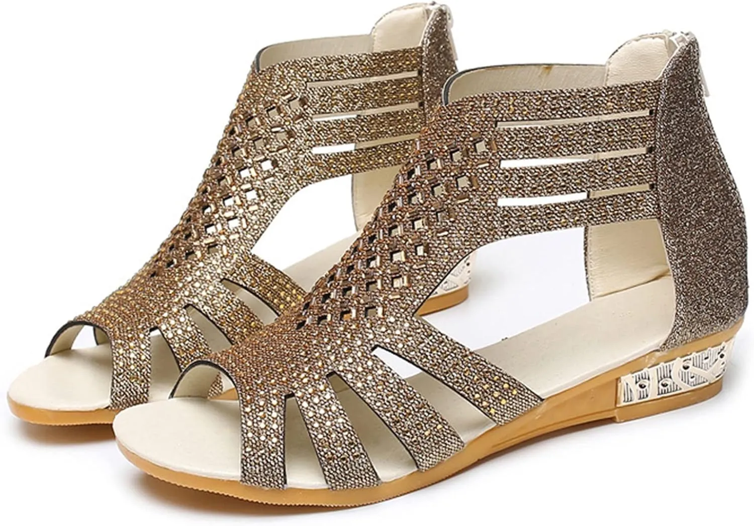 Eduavar Sandals for Women Dressy, Orthopedic Sandals for Women Low Wedge Sandals Cutout Zip Up Crystal Sandals Shoes