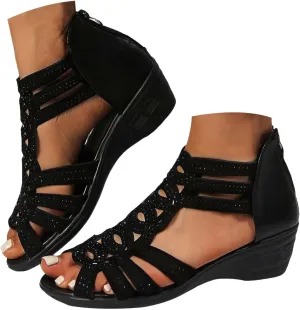 Eduavar Sandals for Women Dressy, Orthopedic Sandals for Women Low Wedge Sandals Cutout Zip Up Crystal Sandals Shoes